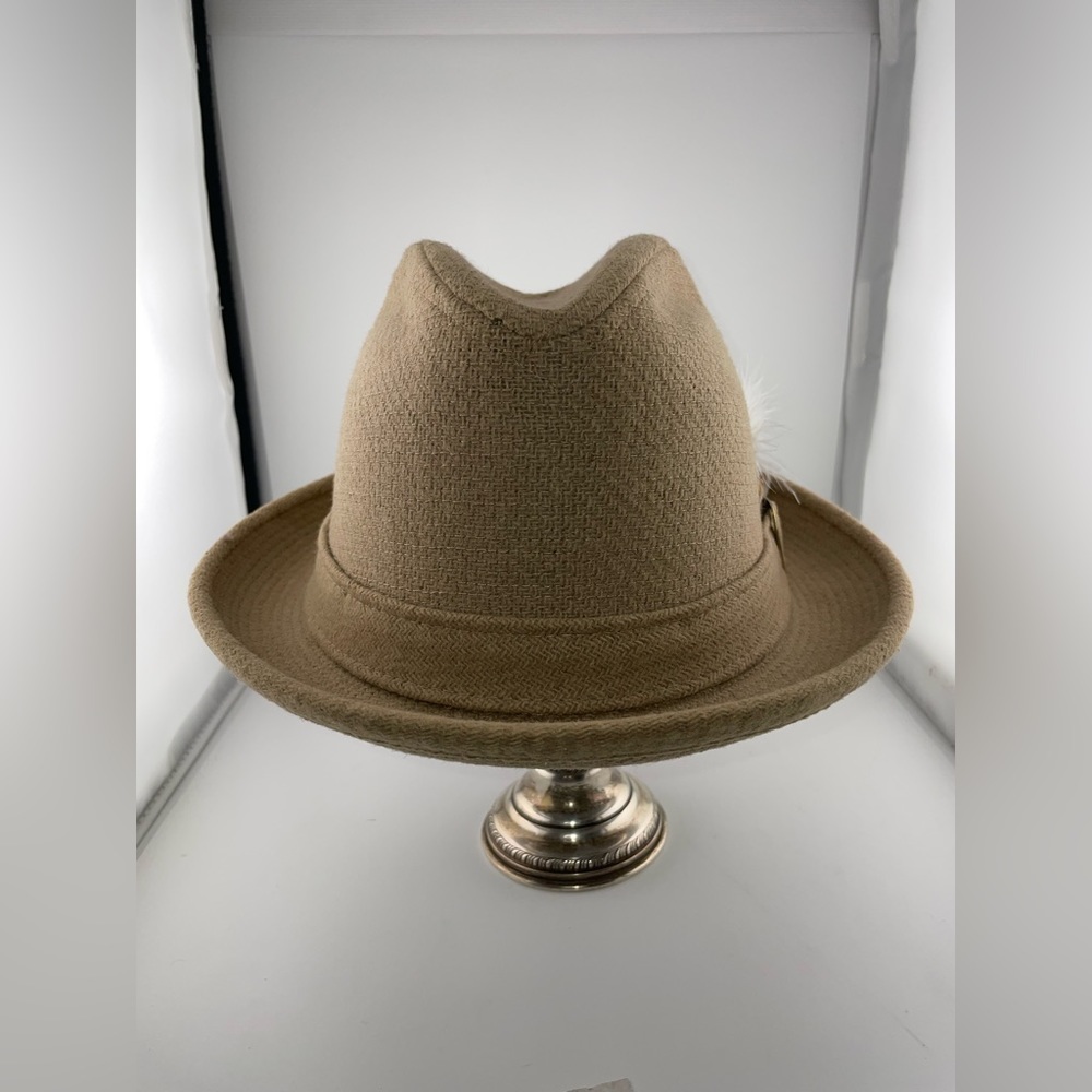 KNOX NEW YORK TAN FEDORA HAT SIZE 7 1/8 WITH FEATHER - Picture 8 of 9